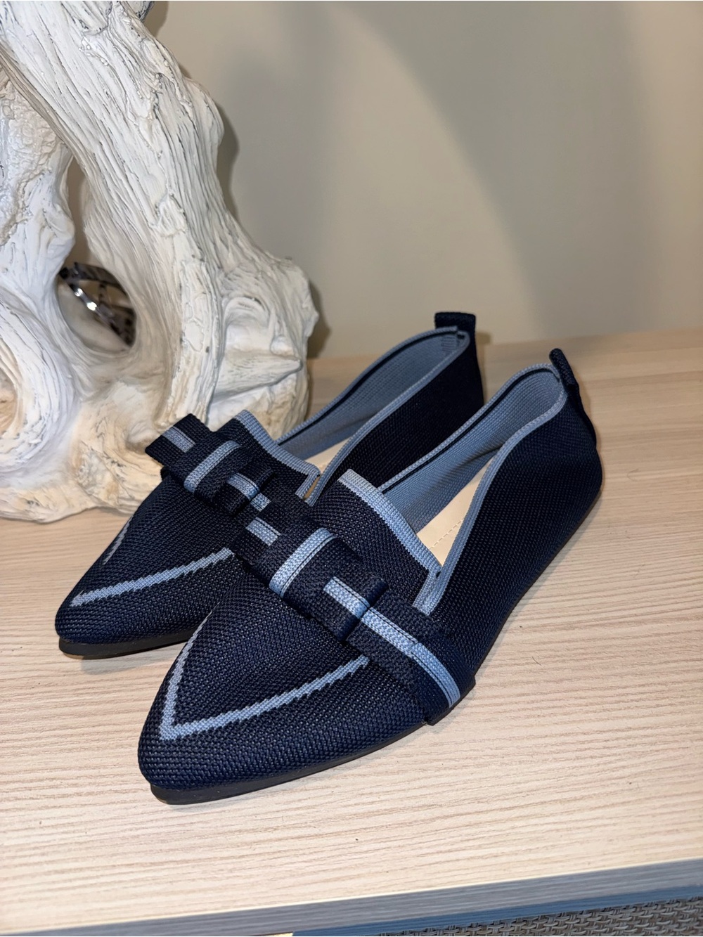 Pointed Knit Slip-On Flats in Navy and Light Blue